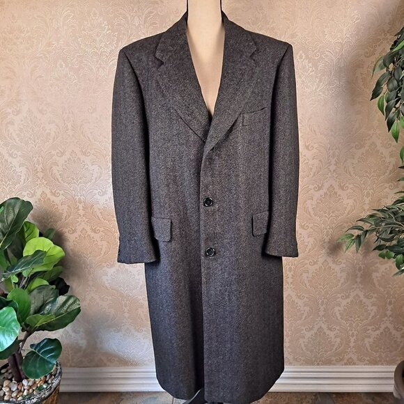 Harry Rosen Wool OverCoat Lined Samuelsohn Gray Herringbone Single Breasted - Picture 1 of 16